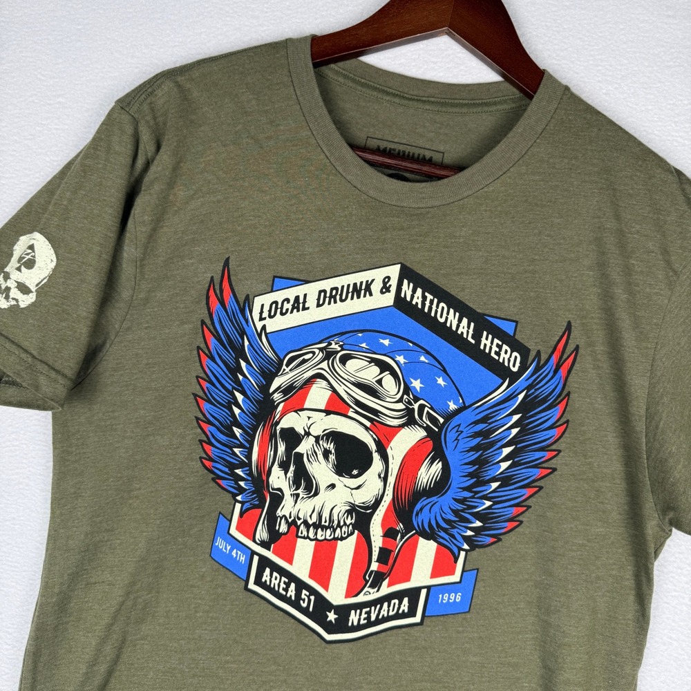 Zero Foxtrot T-Shirt Mens Medium Green Area 51 Local Drunk National Hero Skull